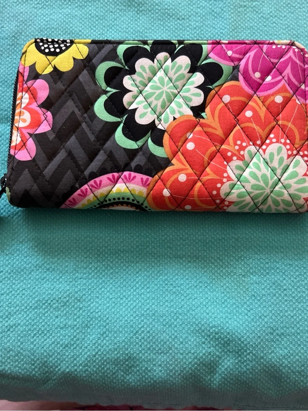 Vera Bradley Quilted Floral Zip Wallet in Hot Pink, Black and Yellow